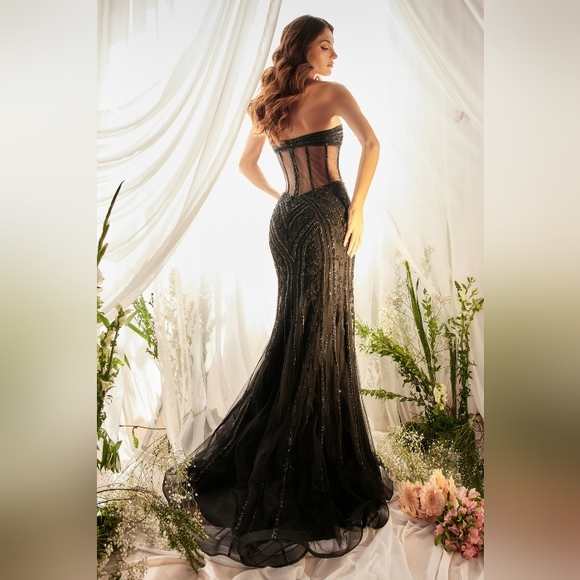 Strapless crystal studded embellished fitted sexy cut out long dress, blue,black - Picture 2 of 11